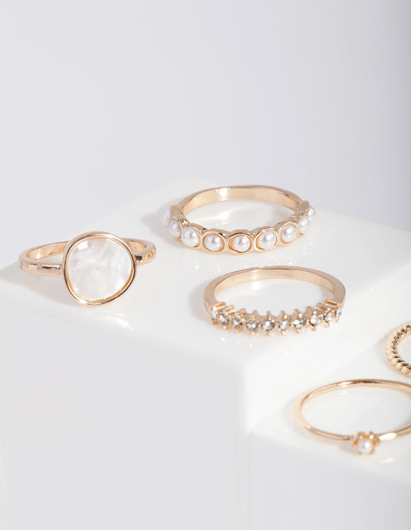 Gold Pearl & Diamante Mix Ring 7 Pack