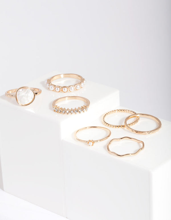 Gold Pearl & Diamante Mix Ring 7 Pack