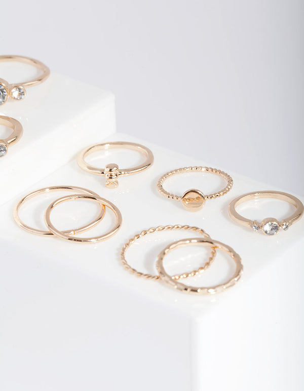 Gold Pearl & Diamante Mix Ring 7 Pack