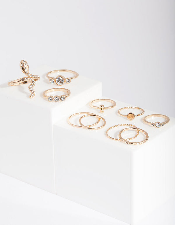 Gold Pearl & Diamante Mix Ring 7 Pack