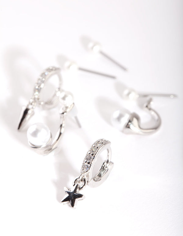 Silver Star Pearl Huggie Earring Pack