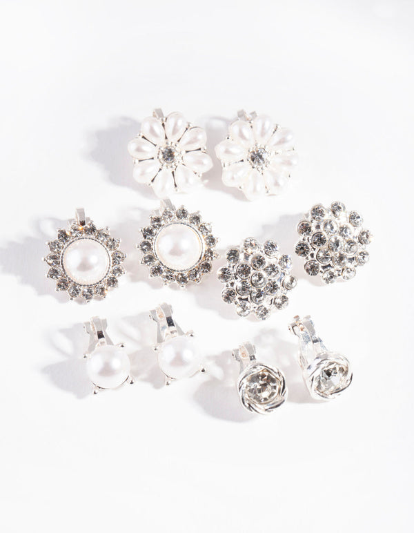 Silver Pearl Flower Clip-On Earring Pack