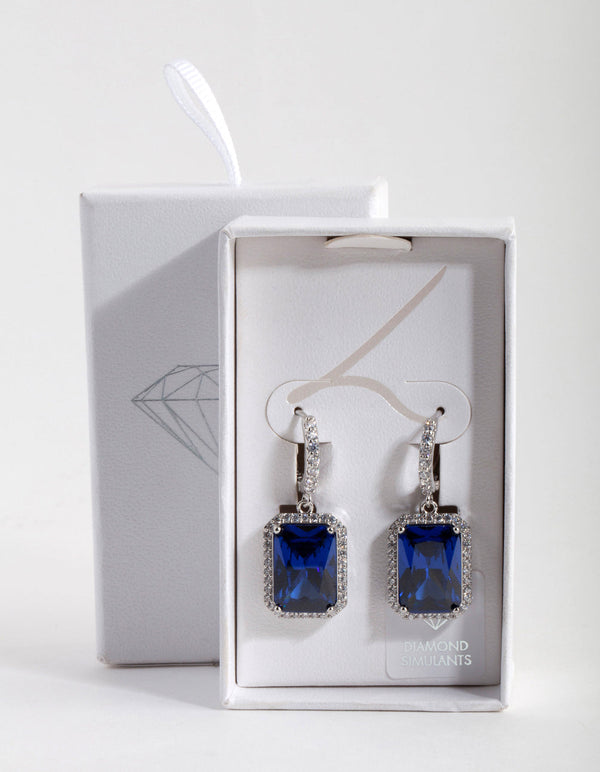 Diamond Simulant Sapphire Rectangle Huggie Earrings