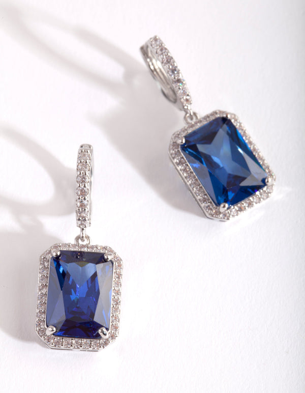 Diamond Simulant Sapphire Rectangle Huggie Earrings