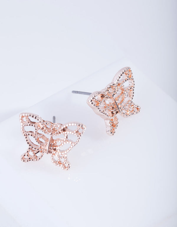 Rose Gold Textured Butterfly Stud Earrings