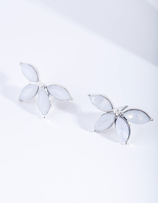 Silver Synthetic Opal Half Flower Stud Earrings