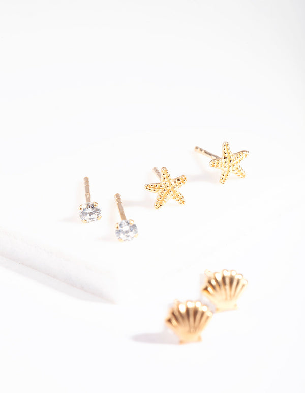 Gold Plated Sterling Silver Seaside Stud Earring 3 Pack