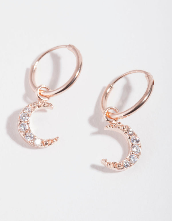 Rose Gold Plated Sterling Silver Cubic Zirconia Moon Hoop Earrings