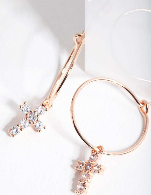 Rose Gold Plated Sterling Silver Cubic Zirconia Cross Hoop Earrings