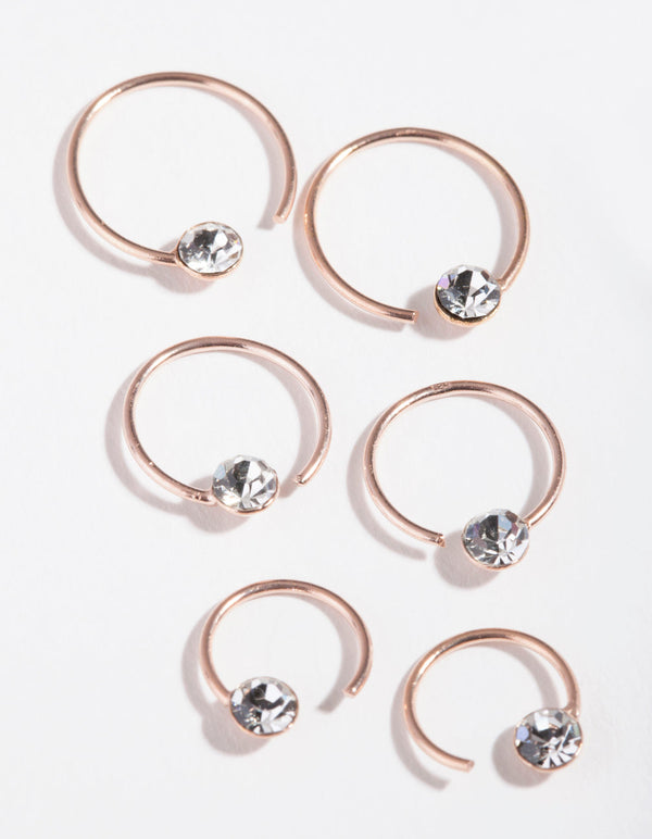 Rose Gold Plated Sterling Silver Graduating Diamante Hoop Earring 3 Pack