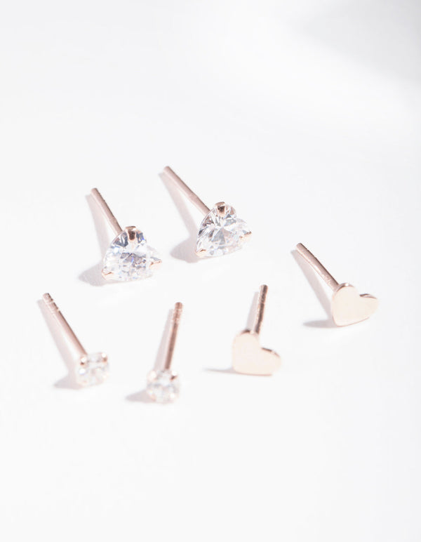 Rose Gold Plated Sterling Silver Cubic Zirconia Heart Stud Earring 3 Pack