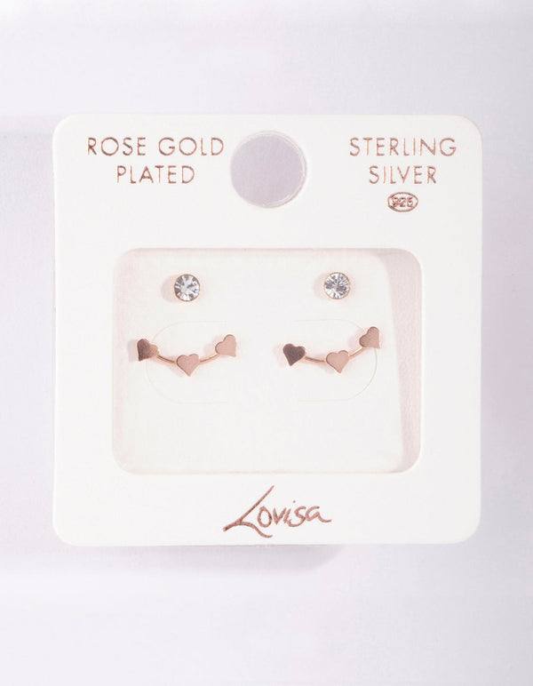 Rose Gold Plated Sterling Silver Diamante Heart Stud Earring 2 Pack