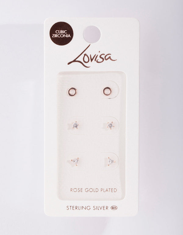 Rose Gold Plated Sterling Silver Cubic Zirconia Geo Stud Earring 3 Pack