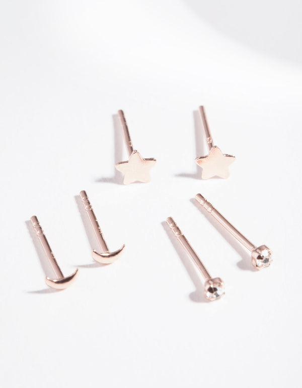 Rose Gold Plated Sterling Silver Celestial Stud Earring 3 Pack