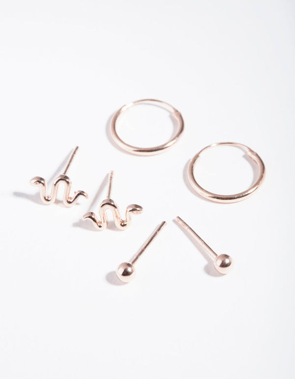 Rose Gold Plated Sterling Silver Snake Hoop Earring 3 Pack