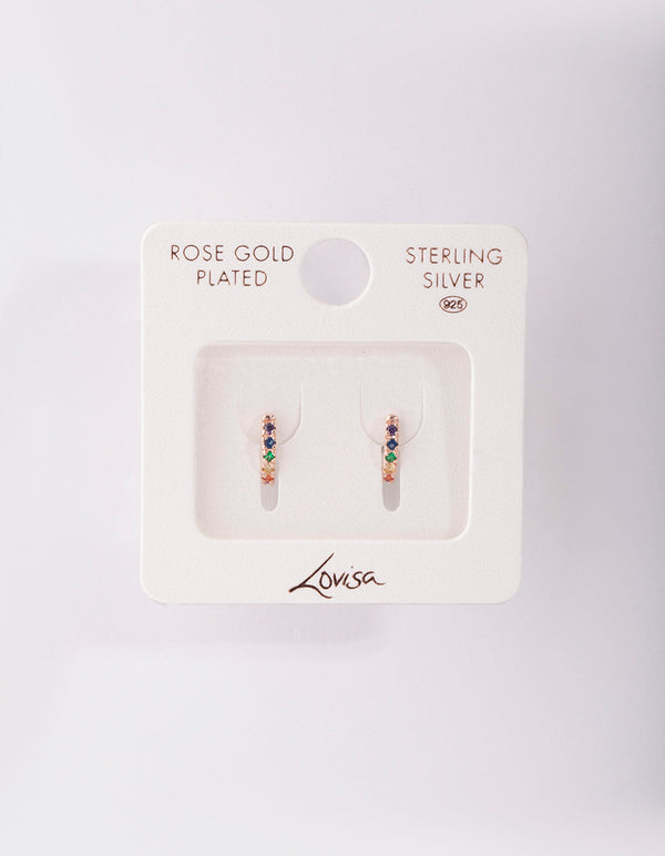 Rose Gold Plated Sterling Silver Rainbow Diamante Huggie Earrings