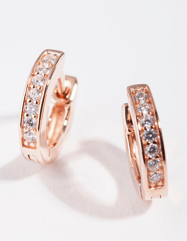 Real Rose Gold Plated Sterling Silver Cubic Zirconia Huggie Earrings
