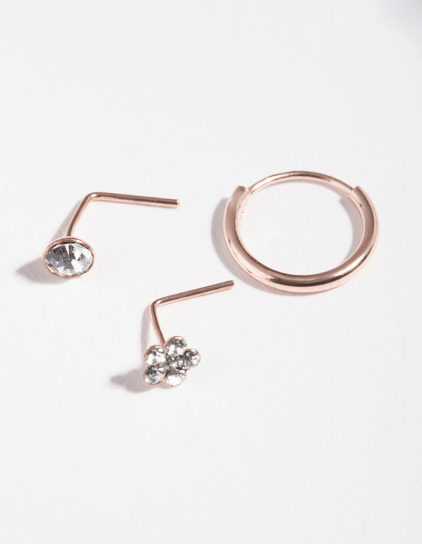 Rose Gold Plated Sterling Silver Diamante Flower Nose Piercing 3 Pack