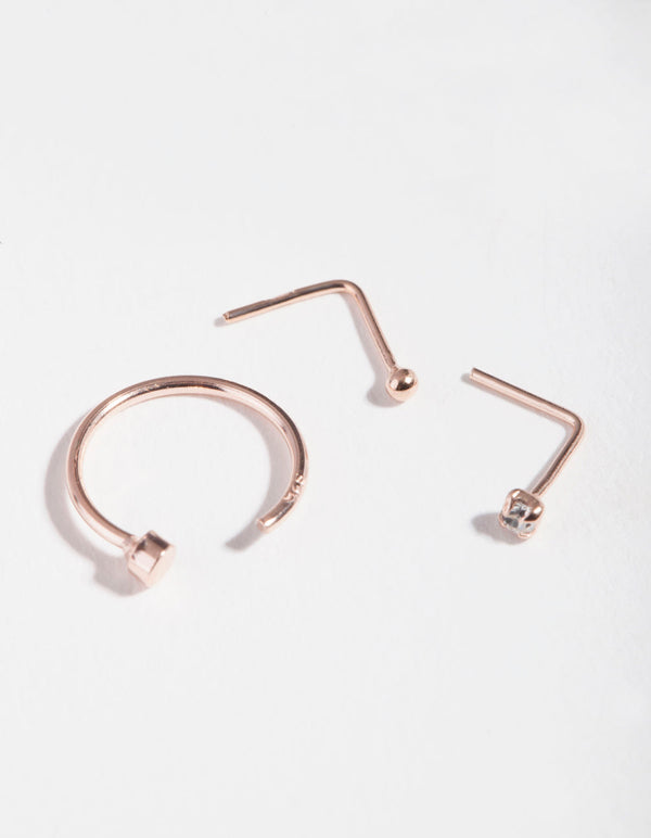 Rose Gold Plated Sterling Silver Diamante Nose Piercing 3 Pack