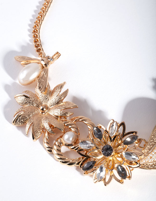 Gold Bee Flower and Pearl Necklace