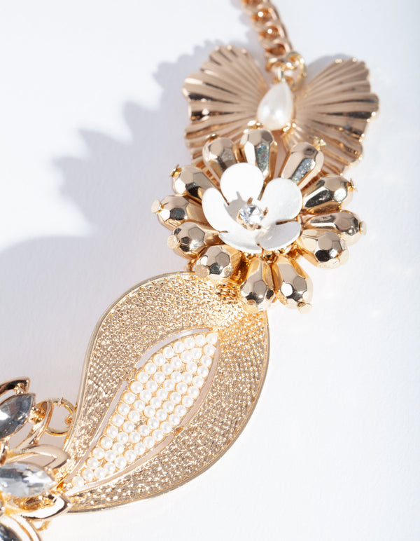 Gold Bee Flower and Pearl Necklace