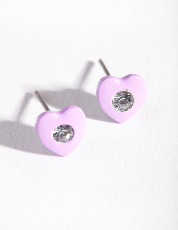 Kids Pink Diamante Heart Stud Earrings