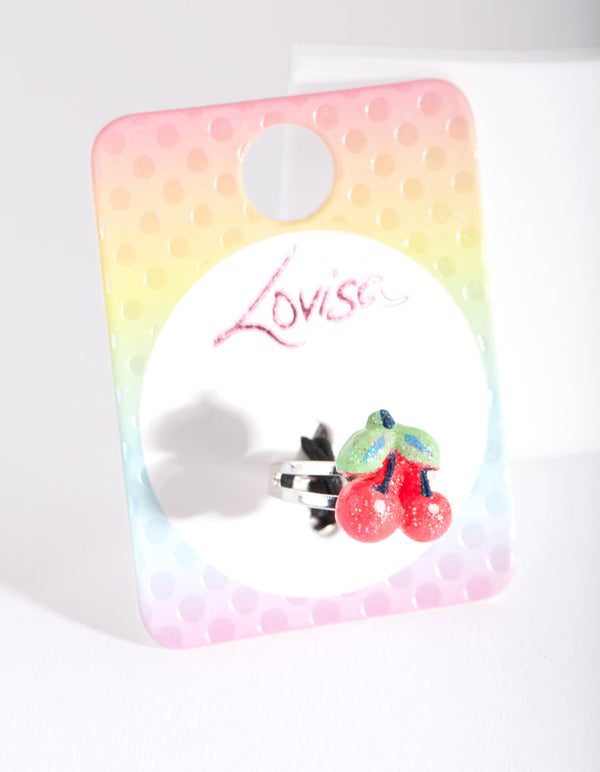 Kids Silver Glitter Cherry Ring