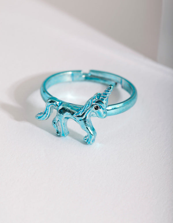 Kids Blue Metal Unicorn Ring