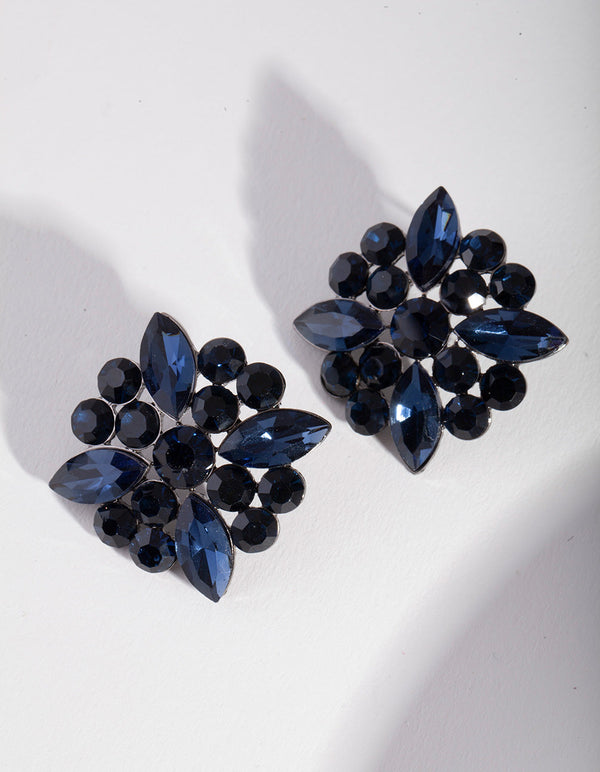 Blue Gem Flower Stud Earrings