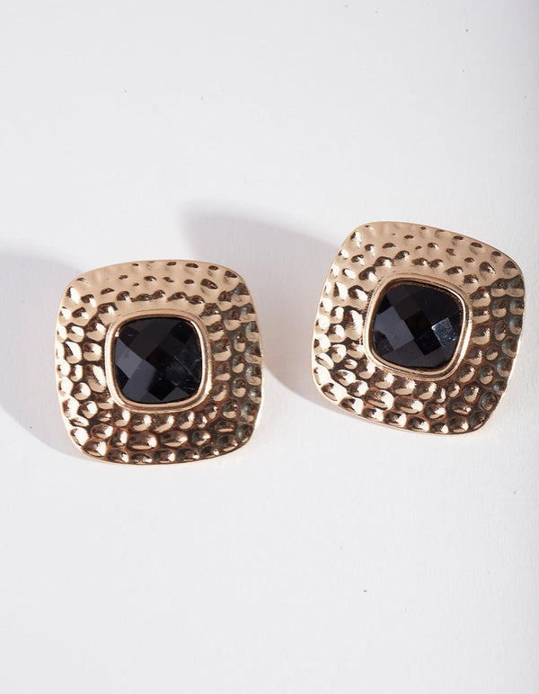 Gold Textured Square Stone Stud Earrings