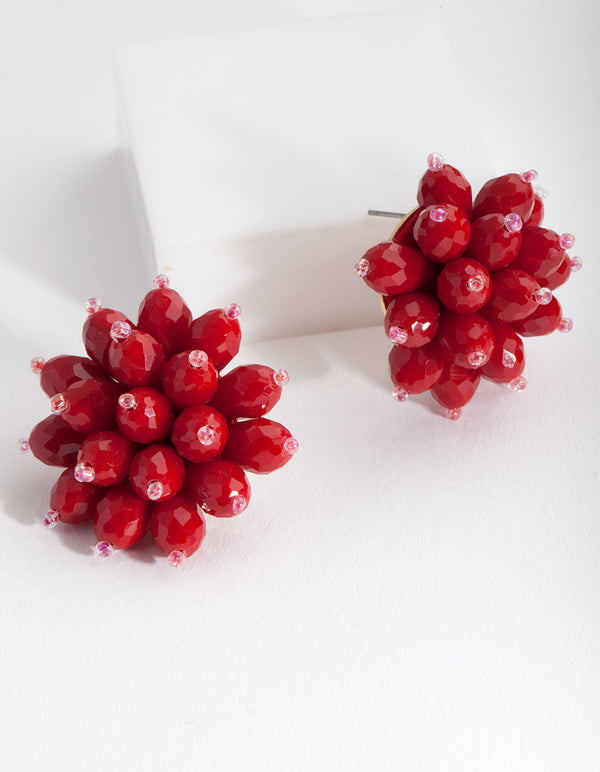 Red Floral Facet Stud Earrings