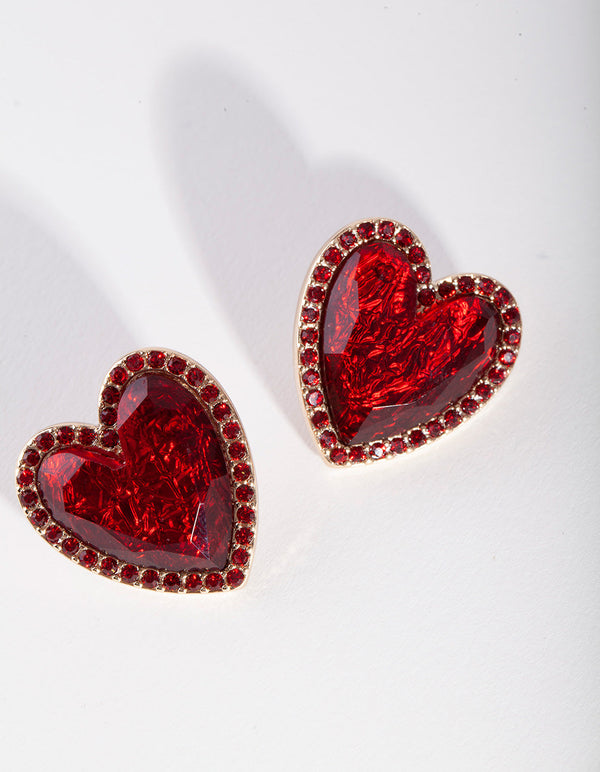 Gold Red Stone Heart Earrings