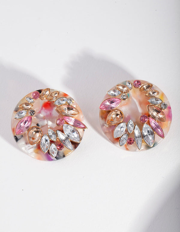 Multi Coloured Diamante Circle Stud Earrings