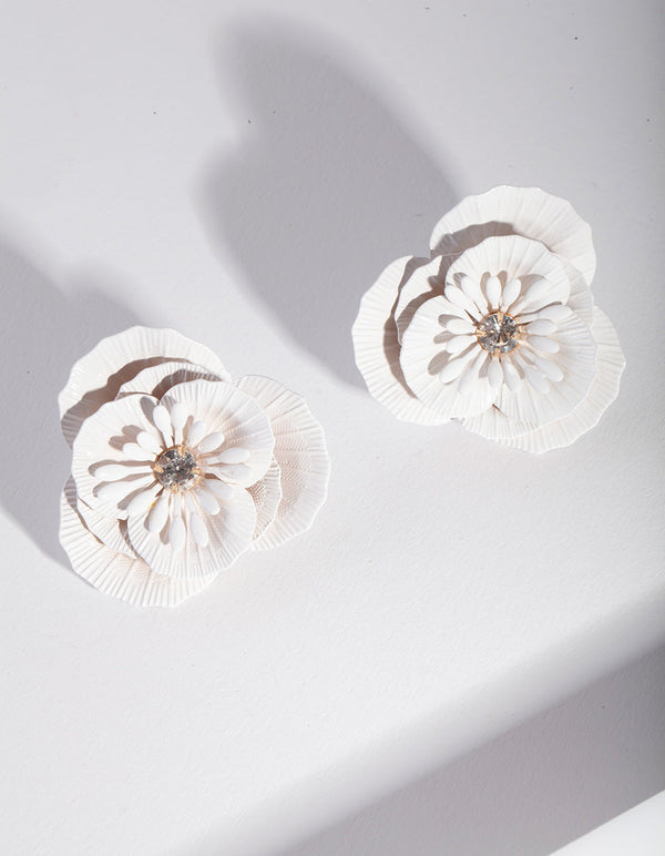 White Textured Flower Stud Earrings