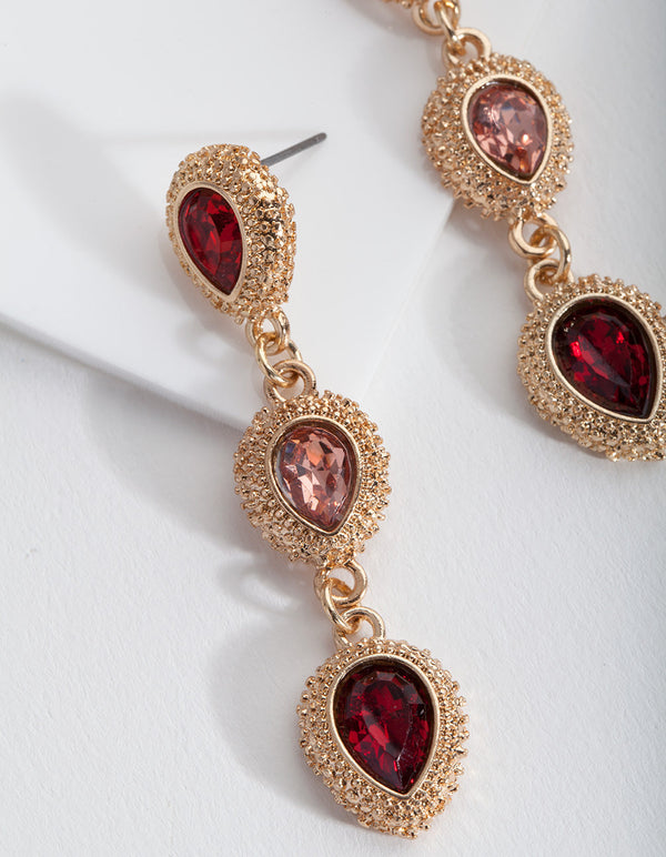 Gold Red Triple Stone Earrings
