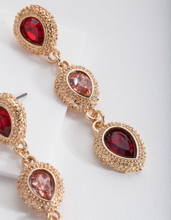Gold Red Triple Stone Earrings