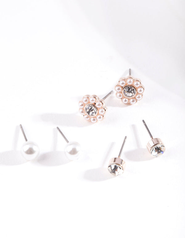 Rose Gold Pearly 3 Pack Stud Earring