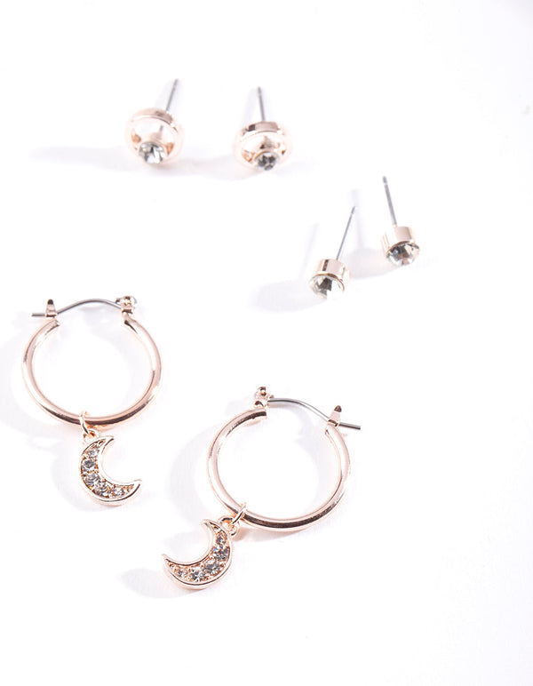 Rose Gold Diamante Moon Earring 3 Pack
