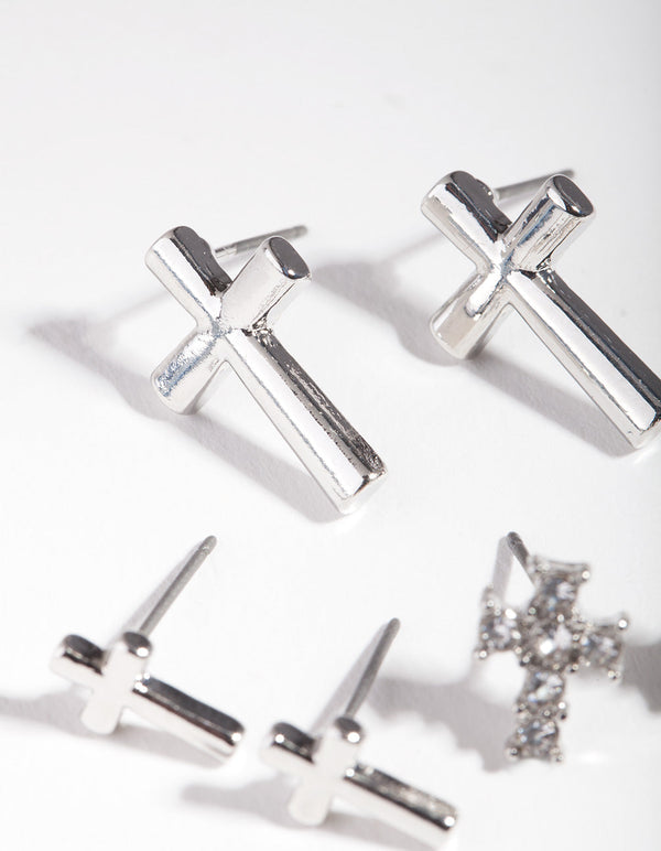 Rhodium Diamante Cross Earring 3 Pack