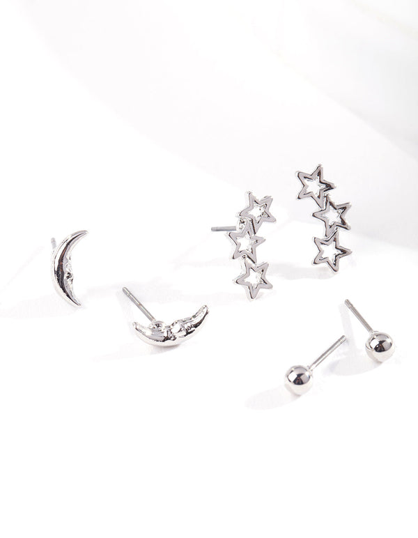 Silver Star and Moon Stud Earring 3 Pack