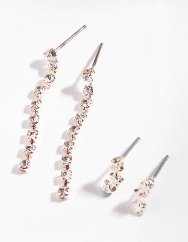 Rose Gold Diamante Star Drop Earring 2 Pack