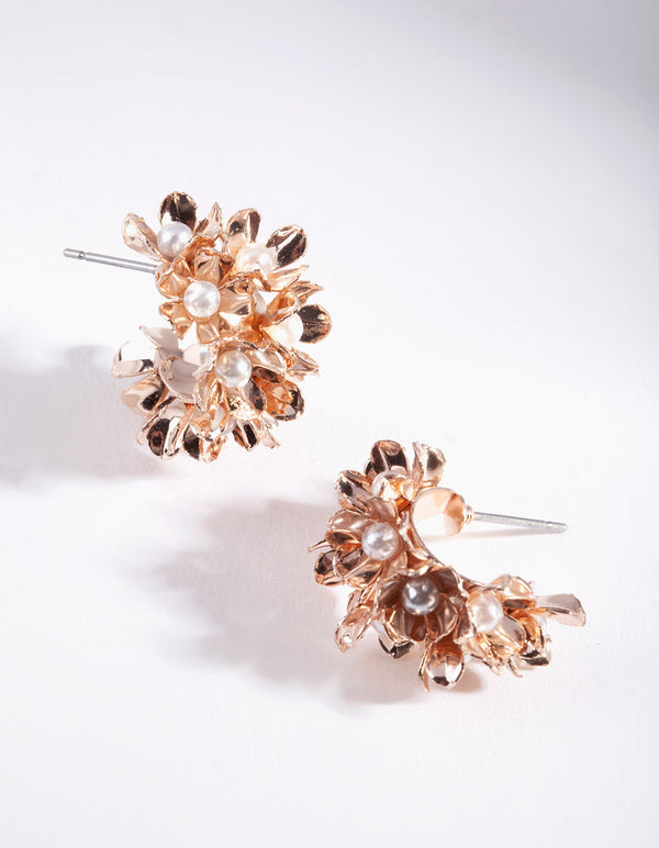 Rose Gold Pearl Flower Hoop Earrings