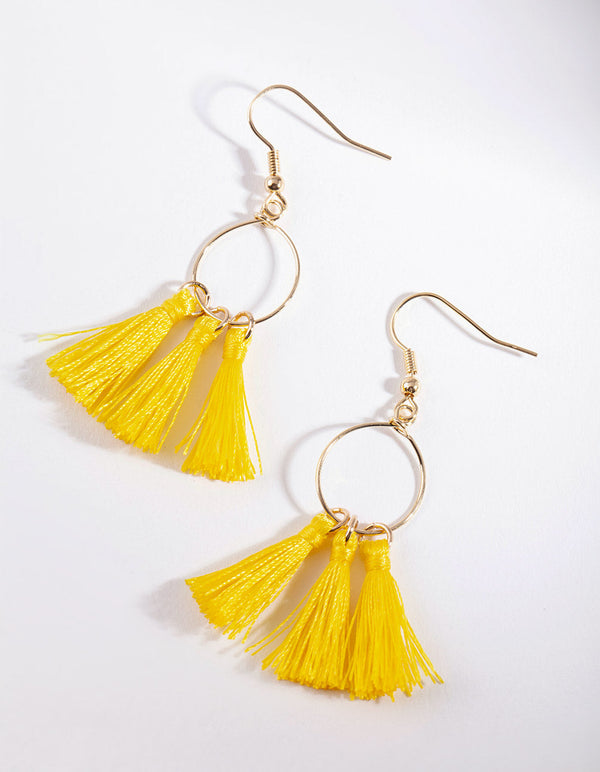 Yellow Circle Tassel Drop Earrings