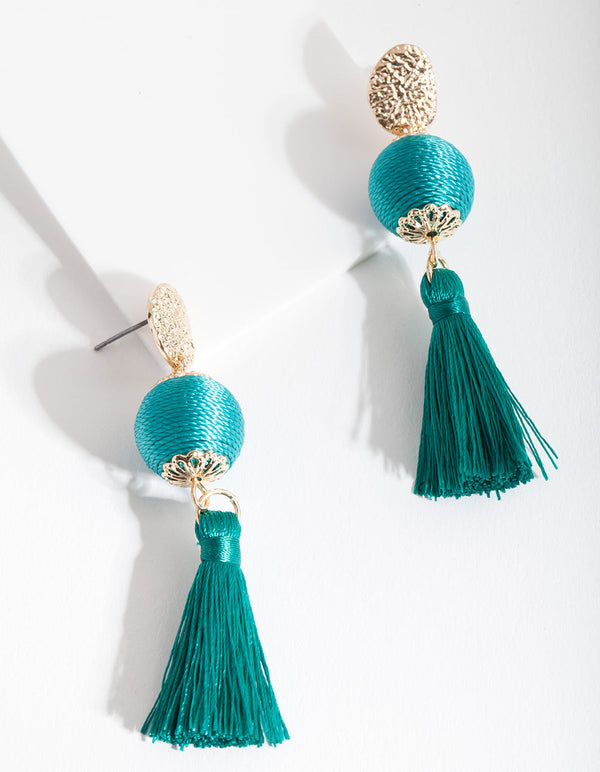 Blauwgroene draad kwast oorbellen