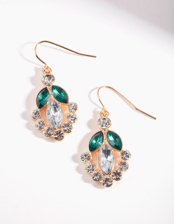 Green Diamante Leaf Earrings