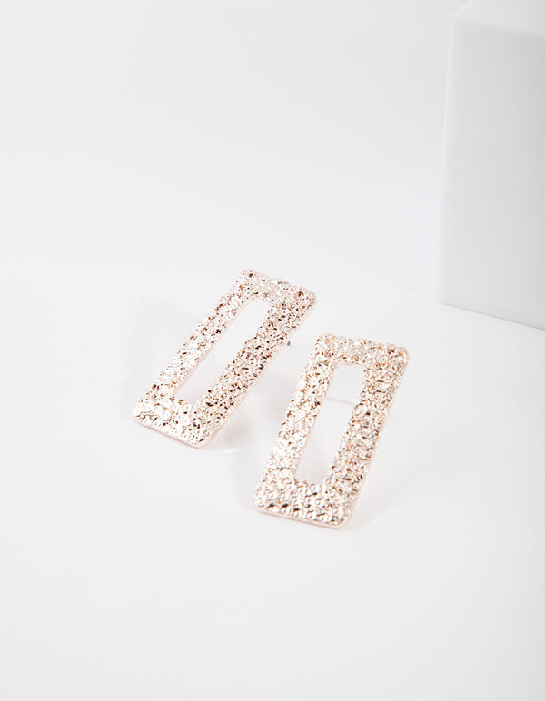Rose Gold Crater Rectangle Stud Earrings