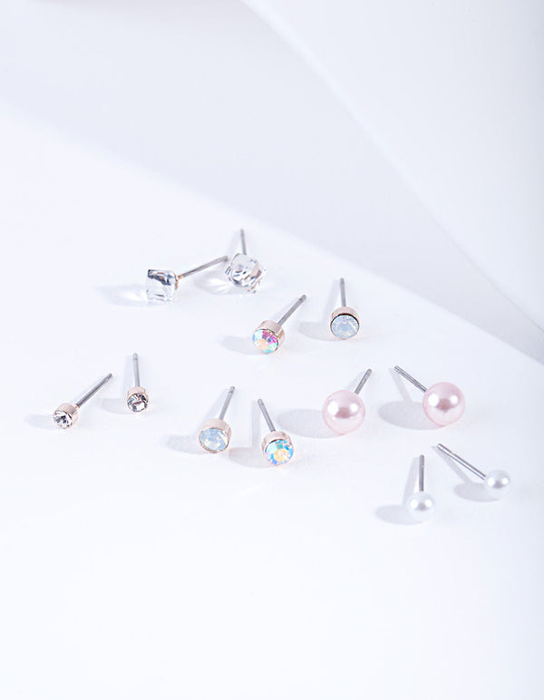 Kids Rose Gold Diamante Pearl Stud Earring 6 Pack