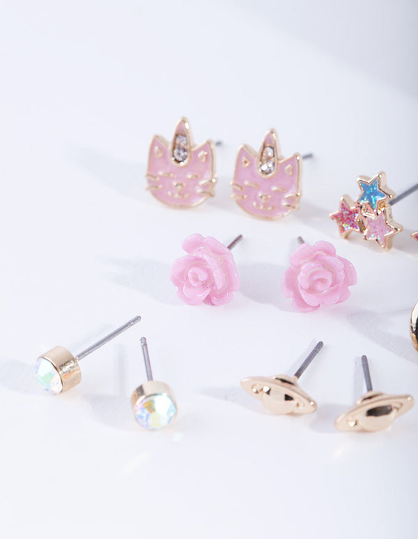 Kids Gold Planet Stud Earring 6 Pack