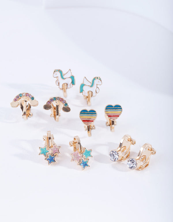 Kids Gold Rainbow Clip Earring 5 Pack