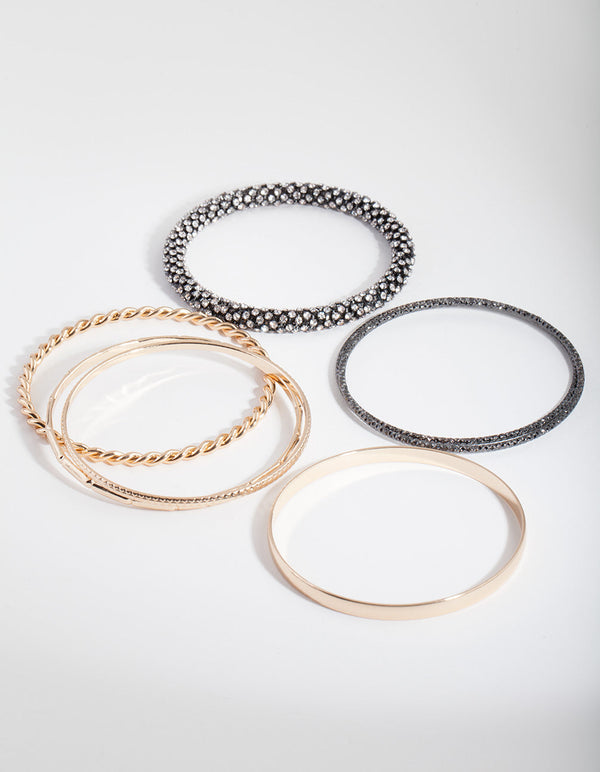 Black and Gold Diamante Bangle 7 Pack